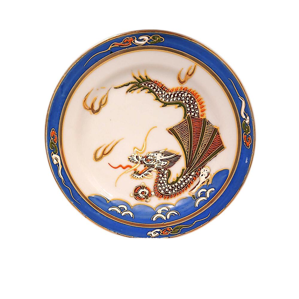 Japanese Moriage Hand Painted Dragonware 7.5" Plate Blue Band 3D Dragon & Flame